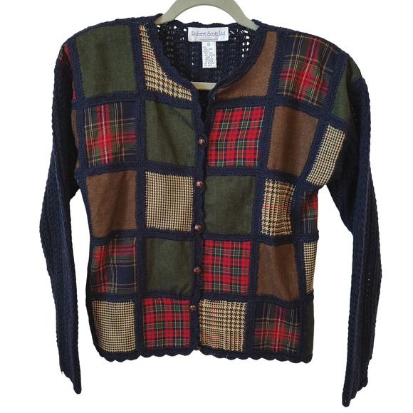 Vintage Robert Scott Ltd Womens Cardigan Small Blue Brown Patchwork Plaid Fall - Picture 1 of 11